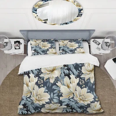 Design Art Beige And Blue Ornate Damask Dahlia Duvet Cover Set