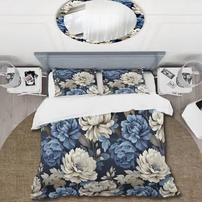 Design Art Beige And Blue Ornate Damask Dahlia I Duvet Cover Set In Blue;beige