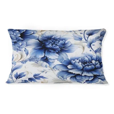 Design Art Beige And Blue Ornate Damask Dahlia Ii - Floral Printed Pillow
