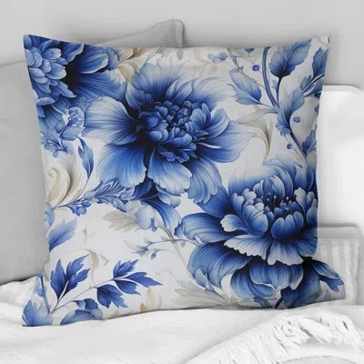 Design Art Beige And Blue Ornate Damask Dahlia Ii - Floral Printed Throw Pillow In Blue;white