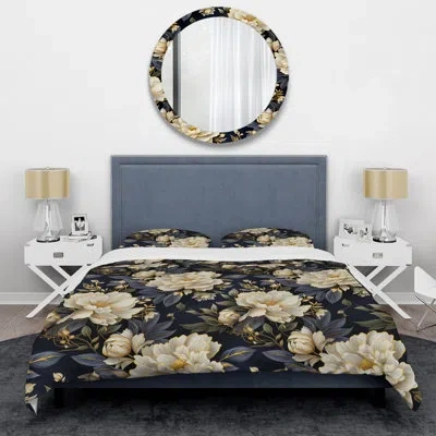 Design Art Beige And Blue Ornate Damask Legacy Ii Duvet Cover Set In Blue;beige