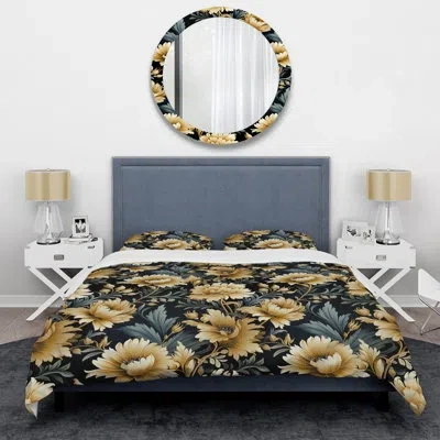 Design Art Beige And Blue Ornate Damask Peonies Opulence Duvet Cover Set In Blue;beige