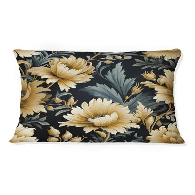 Design Art Beige And Blue Ornate Damask Peonies Opulence - Floral Printed Throw Pillow In Blue;beige