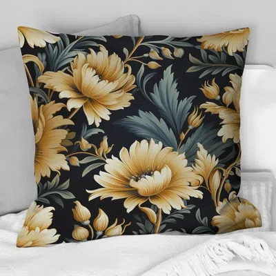 Design Art Beige And Blue Ornate Damask Peonies Opulence - Floral Printed Throw Pillow In Blue;beige