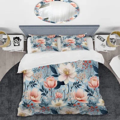 Design Art Beige And Blue Poppies Flowers Pattern Duvet Cover Set In White;coral