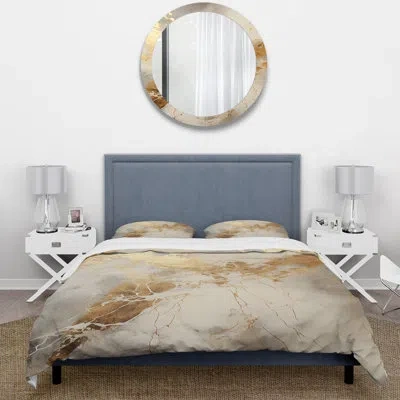 Design Art Beige And Gold Marble Lightning Iii - Abstract Shapes Duvet Cover Set In Beige;gold