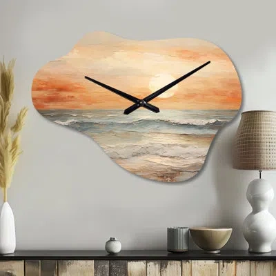 Design Art Beige And Golden Beach Sunset Paradise Ii - Coastal Sunset Asymmetrical Metal Wall Clock, Beige Clou