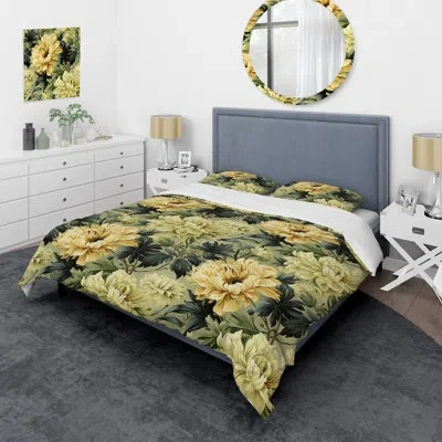 Design Art Beige And Green Peonies Damask Serenity - Floral Duvet Cover Set