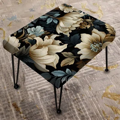 Design Art Beige And Grey Symphony Of Petal Gardens - Floral Rectangle Ottoman In Blue;beige