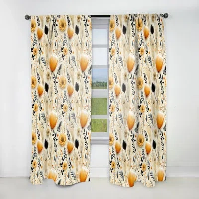 Design Art Beige And Orange Flower Accents - Bohemian Velvet Curtain - Room Darkening - 1 Panel In Beige;orange