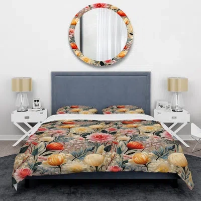 Design Art Beige And Pink Poppies Expression - Eclectic Duvet Cover Set In Beige;orange
