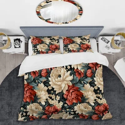 Design Art Beige And Red Ornate Damask Legacy Duvet Cover Set In Red;beige