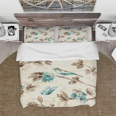 Design Art Beige Bird Wings - Cottage Duvet Cover Set - Microfiber Polyester In Cream