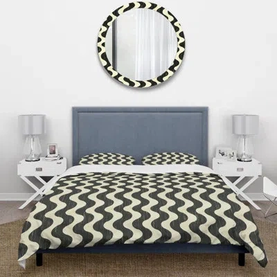 Design Art Beige Black Midcentury Wave Lines Iii - Midcentury Duvet Cover Set In Black;beige