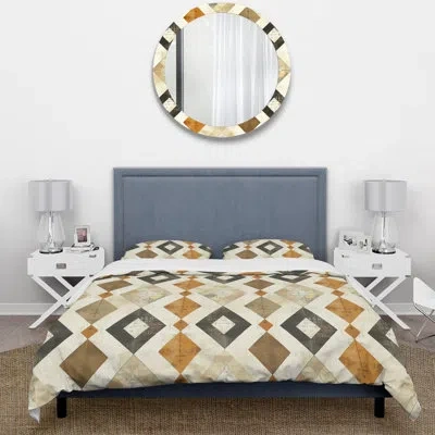 Design Art Beige Black Retro Midcentury Rhombus I - Midcentury Duvet Cover Set In Black;beige