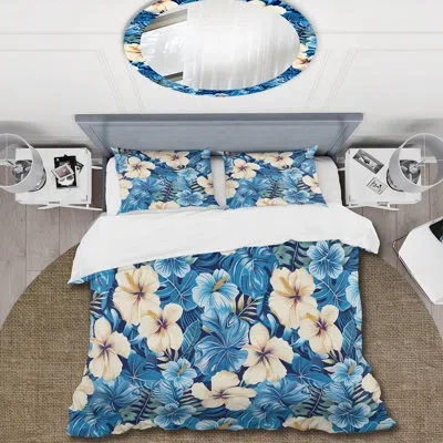 Design Art Beige Blue Tropical Hibiscus Breeze - Tropical Flowers Duvet Cover Set In Blue;beige