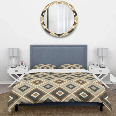 Design Art Beige Brown Midcentury Retro Rhombus I - Midcentury Duvet Cover Set In Brown;beige