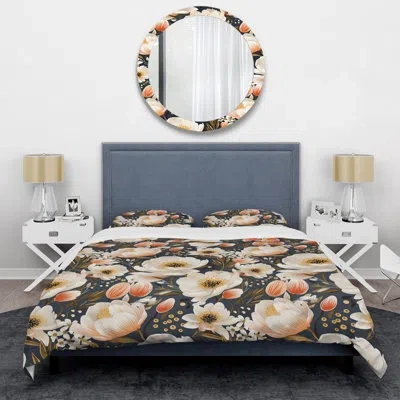 Design Art Beige Coastal Elegance Floral Pattern I - Floral Duvet Cover Set - Microfiber Polyester In Beige;peach
