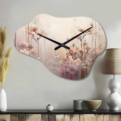 Design Art Beige Ethereal Forest Iii - Botanicals Cloud Metal Wall Clock, Modern Asymmetrical Wall Clock Print