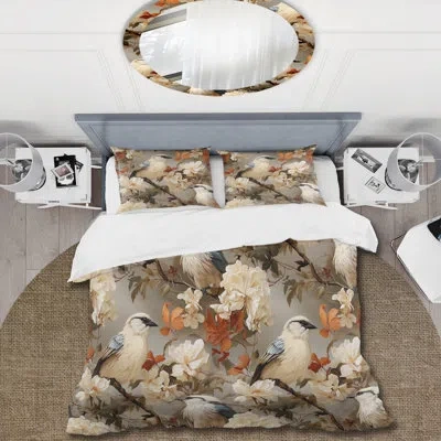 Design Art Beige Exotic Avian Bird Beauty Duvet Cover Set In White