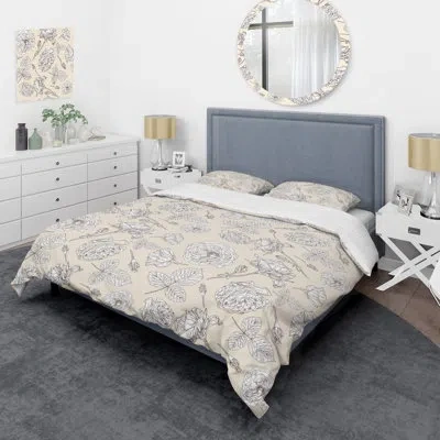 Design Art Beige Floral - Floral Duvet Cover Set - Microfiber Polyester In Gray;beige