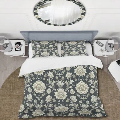 Design Art Beige Green Vintage Flowers - Vintage Duvet Cover Set In Green;beige
