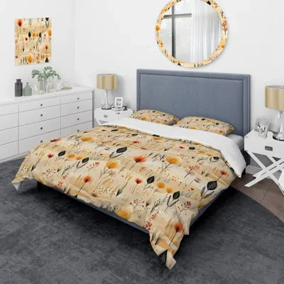 Design Art Beige Meadow Flowers Boho Pattern Duvet Cover Set