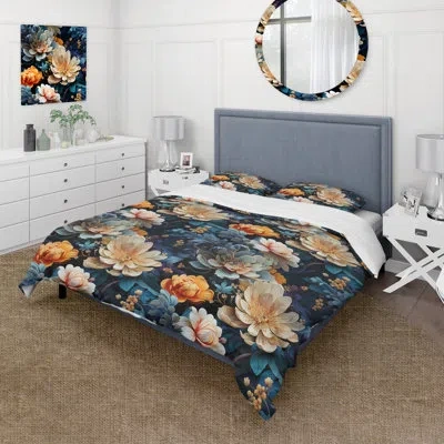 Design Art Beige Ornate Blooming Legacy Delight Duvet Cover Set In Blue;beige