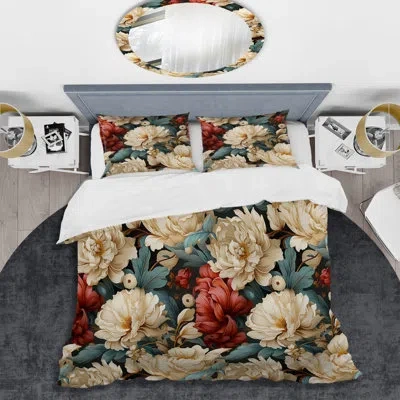 Design Art Beige Ornate Blooming Legacy Delight I - Floral Duvet Cover Set In Red;beige