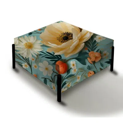 Design Art Beige Poupart Funky Floral Serenade - Floral Large Square Ottoman In Blue;beige
