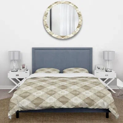 Design Art Beige White Gingham Print I - Traditional Duvet Cover Set In White;beige