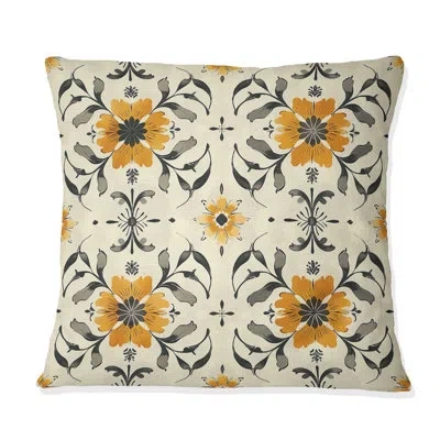 Design Art Beige Yellow Farmhouse Charm Floral Tiles - Farmhouse Pillow In Beige;yellow