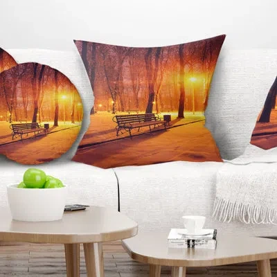 Design Art Benches Covered In Winter Snow - Landscape Printed Pillow In Blue;black;brown;green;red;yellow