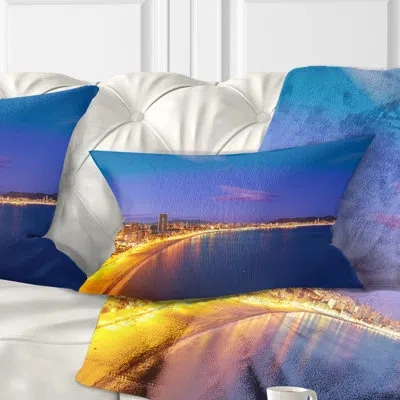 Design Art Benidorm Poniente Beach Sunset - Sea & Shore Printed Throw Pillow In Blue;white