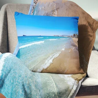 Design Art Benidorm Poniente Beach Waves - Sea & Shore Printed Throw Pillow In Blue;white
