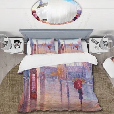 Design Art Big Ben And Woman With Red Umbrella In London - French Duvet Cover Set - Microfiber Polyester In Blue;pink