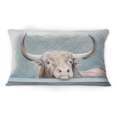 Design Art Big Bull With Horns Behind A Low Wall - Traditional Printed Throw Pillow 1