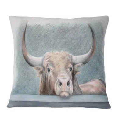 Design Art Big Bull With Horns Behind A Low Wall - Traditional Printed Throw Pillow