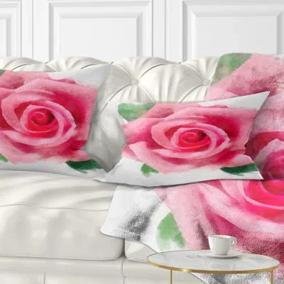 Design Art Big Pink Rose Flower With Leaves - Floral Printed Throw Pillow