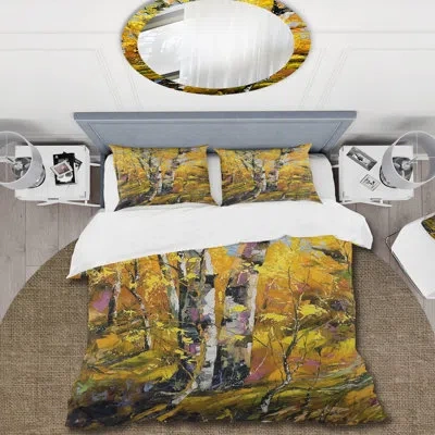 Design Art Birches In Yellow Autumn Wood - Country Duvet Cover Set - Microfiber Polyester