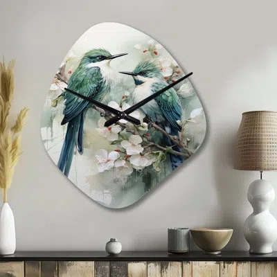 Design Art Bird Serenade Of Feathers I - Nebula Shape Unique Bird Wall Clock In Green;gray