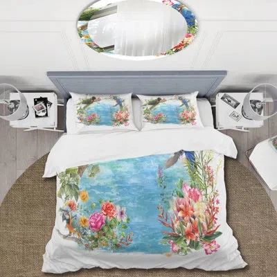 Design Art Birds And Flowers By The Blue Waterside - Traditional Duvet Cover Set - Microfiber Polyester In Blue,white