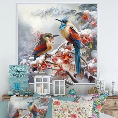 Design Art Birds Of Paradise Charm In Winter I - Animals Wall Art Prints In White Floater Framed