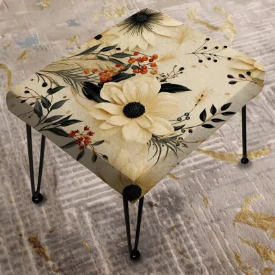 Design Art Black And Beige Flowers Chrysanthemums Pattern - Floral Rectangle Ottoman In Black;beige