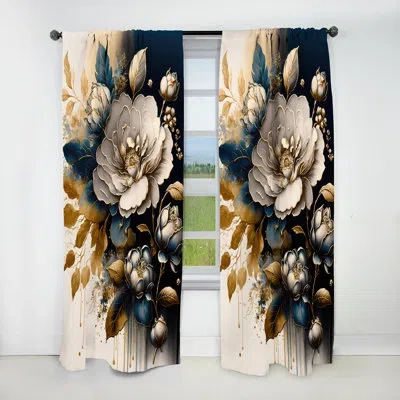 Design Art Black And Gold Camellia Bouquet I - Floral Blackout Curtain - 1 Panel In Black;white