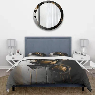 Design Art Black And Gold Crocus Floral Design Ii - Floral Crocus Duvet Cover Set - Microfiber Polyester In Black;gold