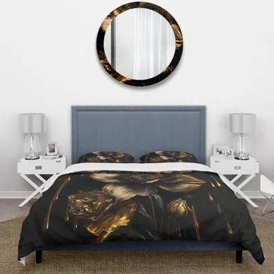 Design Art Black And Gold Daffodil Design Ii - Floral Duvet Cover Set - Microfiber Polyester In Black;gold