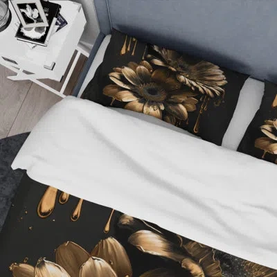 Design Art Black And Gold Daisy Iii - Floral Daisy Duvet Cover Set - Microfiber Polyester In Black;gold