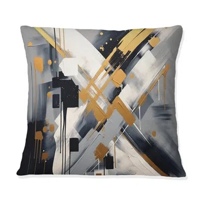 Design Art Black And Gold Depth Corner Iii - Abstract Shapes Printed Throw Pillow In Black;gold