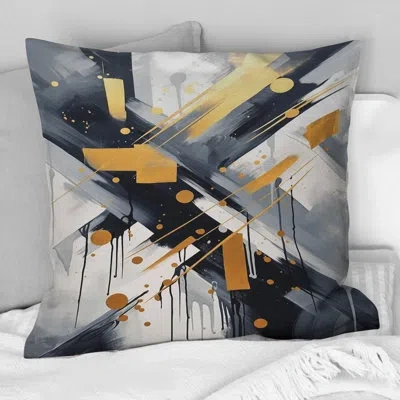 Design Art Black And Gold Depth Corner Vi - Abstract Shapes Printed Throw Pillow In Black;gold